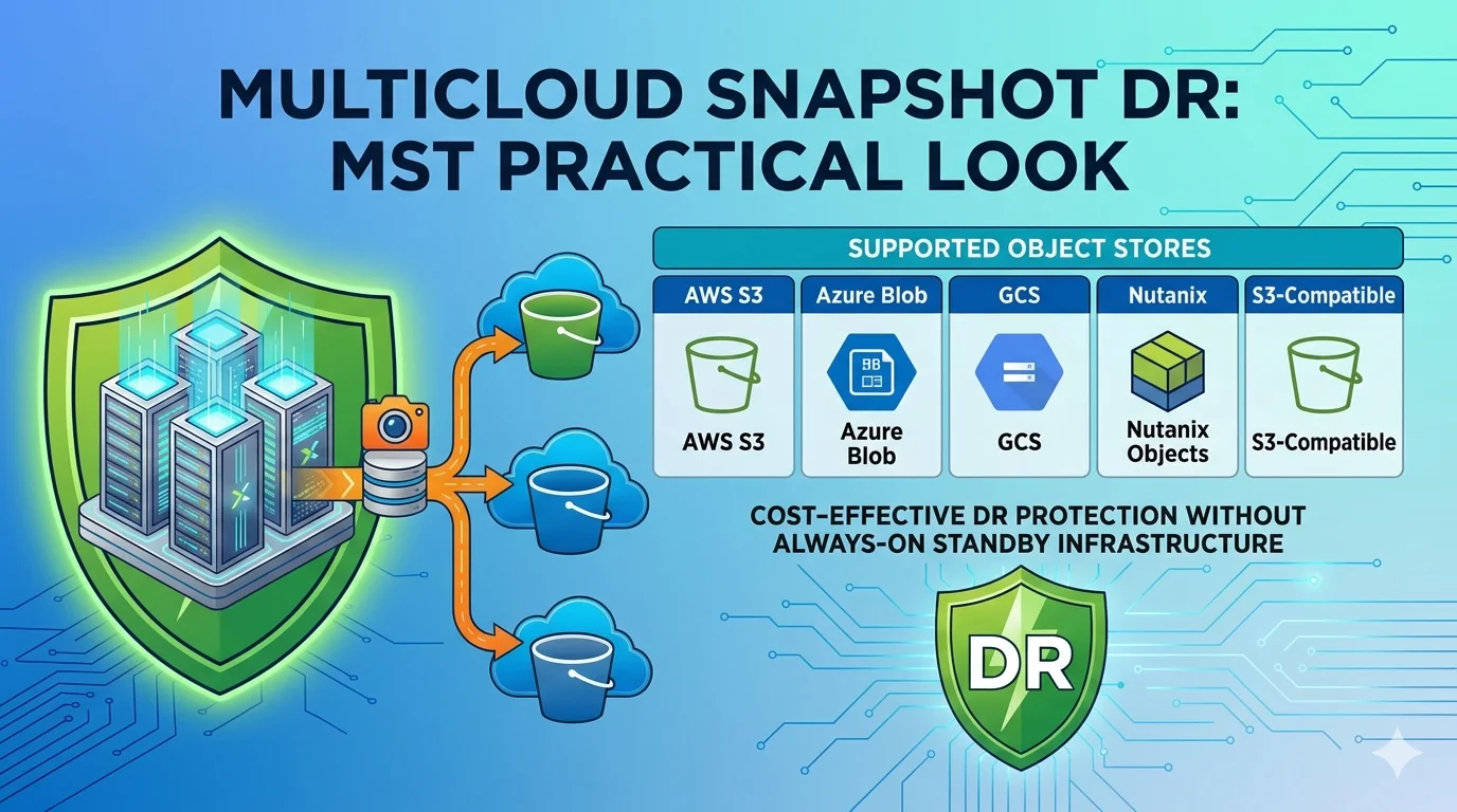 Nutanix Multicloud Snapshot Technology overview showing supported object stores and DR protection architecture