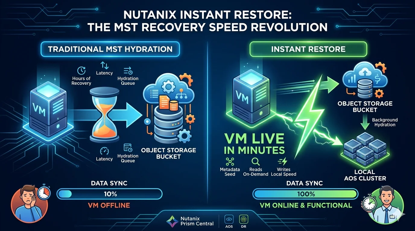 Nutanix Instant Restore for MST showing rapid VM recovery from object storage snapshots