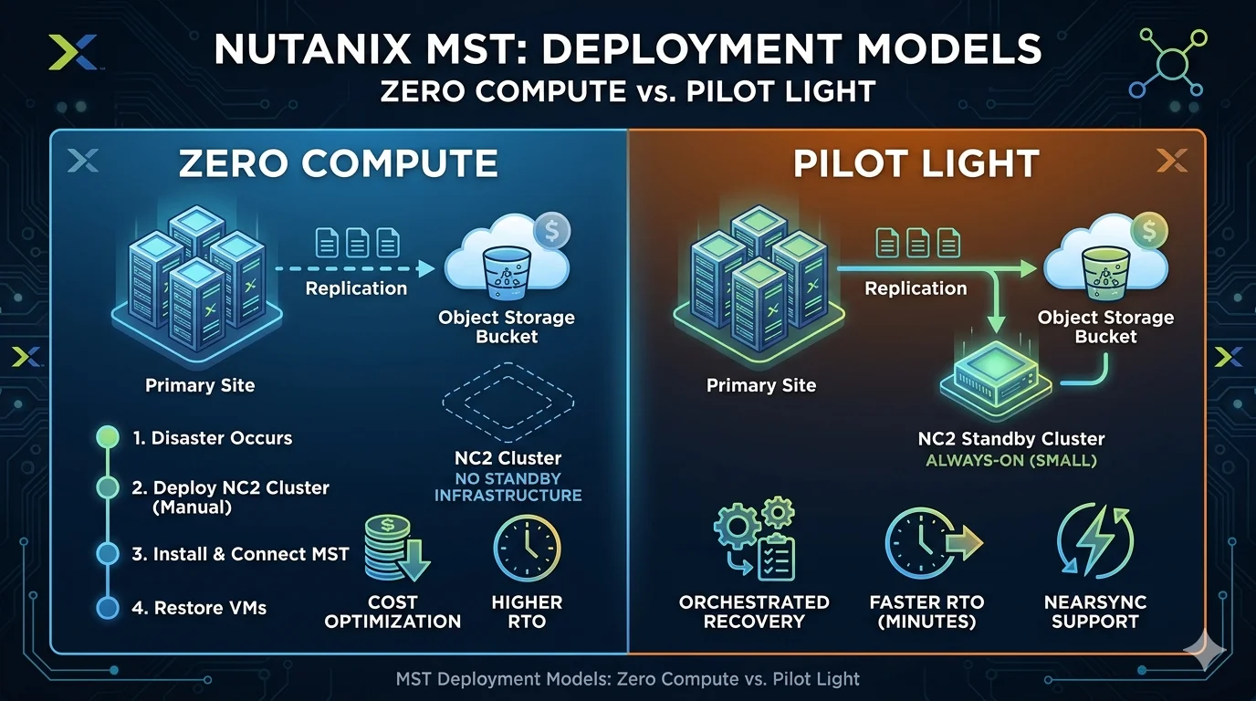 Nutanix MST deployment models comparing Zero Compute and Pilot Light architectures